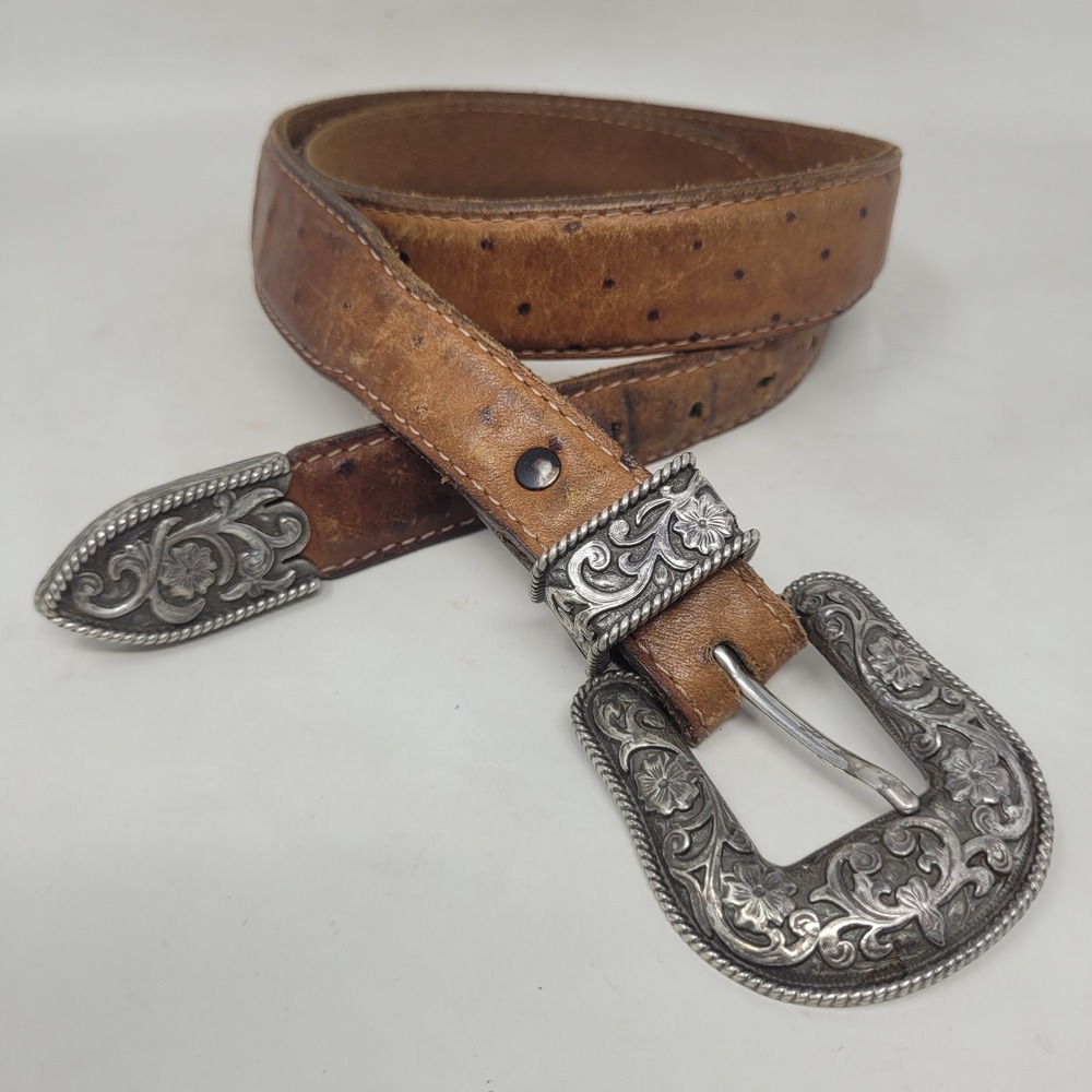 Brown Leather Belt 34 Ostrich Print Western Cowboy Floral Engraved Buckle Rodeo